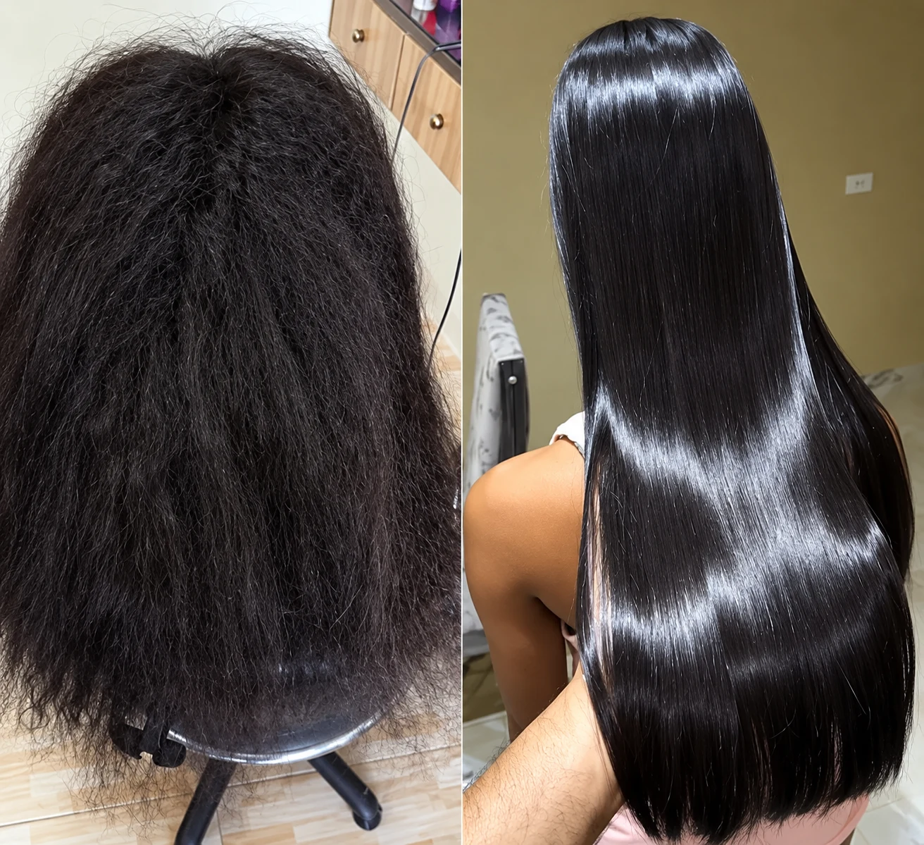 Antes e depois de tratamento com cabelo alinhado e brilhante